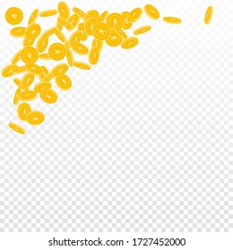 Chinese yuan coins falling. Scattered small CNY coins on transparent background. Good-looking top left corner vector illustration. Jackpot or success concept.
