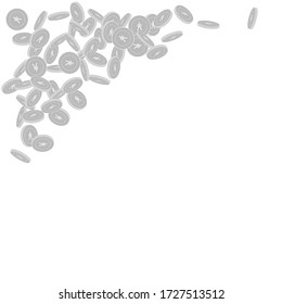 Chinese yuan coins falling. Scattered black and white CNY small coins. Jackpot or success concept. Unique top left corner vector illustration.