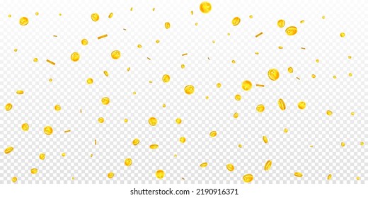 Chinese yuan coins falling. Scattered gold CNY coins. China money. Global financial crisis concept. Wide vector illustration.