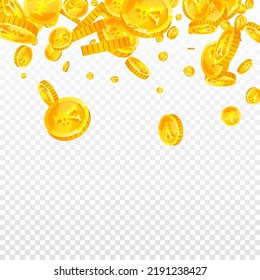 Chinese yuan coins falling. Scattered gold CNY coins. China money. Global financial crisis concept. Square vector illustration.