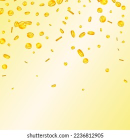 Chinese yuan coins falling. Scattered gold CNY coins. China money. Jackpot wealth or success concept. Square vector illustration.