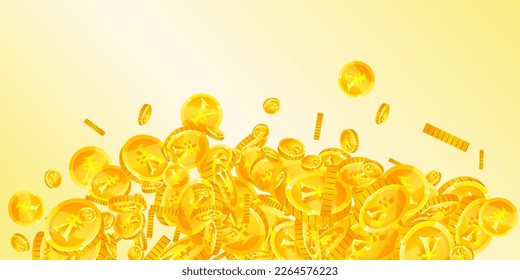 Chinese yuan coins falling. Scattered gold CNY coins. China money. Great business success concept. Wide vector illustration.