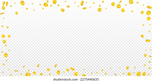 Chinese yuan coins falling. Scattered gold CNY coins. China money. Global financial crisis concept. Wide vector illustration.