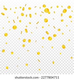 Chinese yuan coins falling. Scattered gold CNY coins. China money. Jackpot wealth or success concept. Square vector illustration.