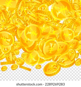 Chinese yuan coins falling. Scattered gold CNY coins. China money. Jackpot wealth or success concept. Square vector illustration.