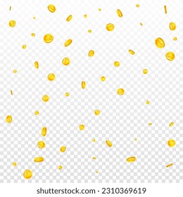 Chinese yuan coins falling. Scattered gold CNY coins. China money. Jackpot wealth or success concept. Square vector illustration.