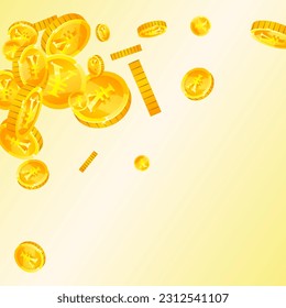 Chinese yuan coins falling. Scattered gold CNY coins. China money. Jackpot wealth or success concept. Square vector illustration.