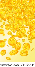 Chinese yuan coins falling. Scattered gold CNY coins. China money. Great business success concept. Vector illustration.
