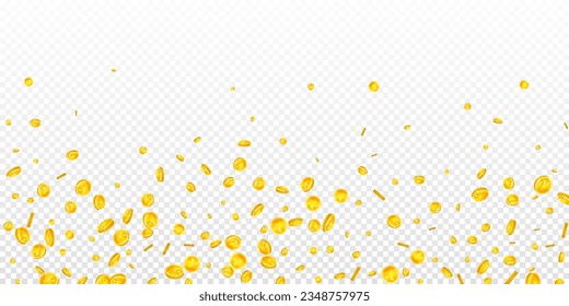 Chinese yuan coins falling. Scattered gold CNY coins. China money. Jackpot wealth or success concept. Wide vector illustration.