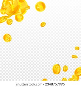 Chinese yuan coins falling. Scattered gold CNY coins. China money. Global financial crisis concept. Square vector illustration.