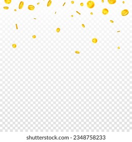Chinese yuan coins falling. Scattered gold CNY coins. China money. Great business success concept. Square vector illustration.