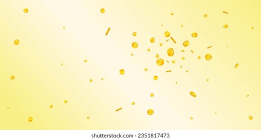 Chinese yuan coins falling. Scattered gold CNY coins. China money. Great business success concept. Wide vector illustration.
