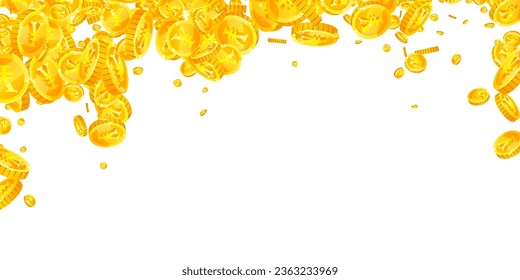 Chinese yuan coins falling. Scattered gold CNY coins. China money. Great business success concept. Wide vector illustration.