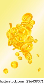 Chinese yuan coins falling. Scattered gold CNY coins. China money. Great business success concept. Vector illustration.