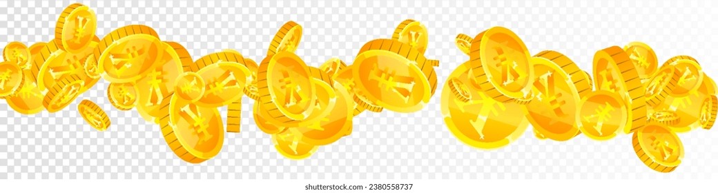 Chinese yuan coins falling. Scattered gold CNY coins. China money. Jackpot wealth or success concept. Panoramic vector illustration.