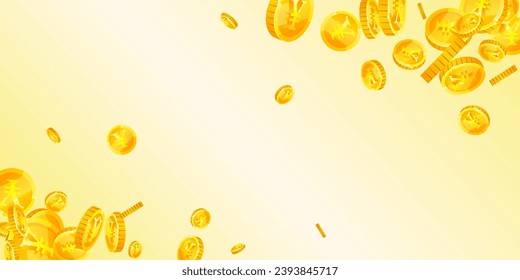 Chinese yuan coins falling. Scattered gold CNY coins. China money. Jackpot wealth or success concept. Wide vector illustration.