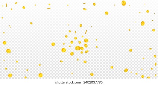 Chinese yuan coins falling. Scattered gold CNY coins. China money. Jackpot wealth or success concept. Wide vector illustration.