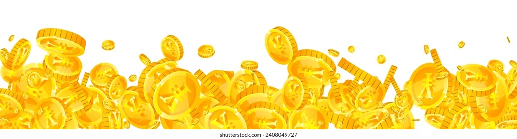 Chinese yuan coins falling. Scattered gold CNY coins. China money. Jackpot wealth or success concept. Panoramic vector illustration.