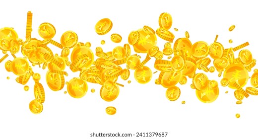 Chinese yuan coins falling. Scattered gold CNY coins. China money. Global financial crisis concept. Wide vector illustration.