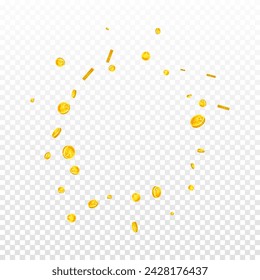 Chinese yuan coins falling. Scattered gold CNY coins. China money. Global financial crisis concept. Square vector illustration.