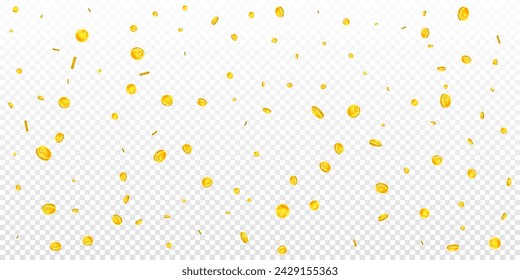 Chinese yuan coins falling. Scattered gold CNY coins. China money. Great business success concept. Wide vector illustration.