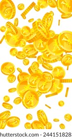 Chinese yuan coins falling. Scattered gold CNY coins. China money. Great business success concept. Vector illustration.