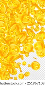Chinese yuan coins falling. Scattered gold CNY coins. China money. Great business success concept. Vector illustration.
