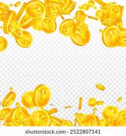 Chinese yuan coins falling. Scattered gold CNY coins. China money. Global financial crisis concept. Square vector illustration.