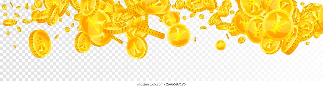 Chinese yuan coins falling. Scattered gold CNY coins. China money. Great business success concept. Panoramic vector illustration.