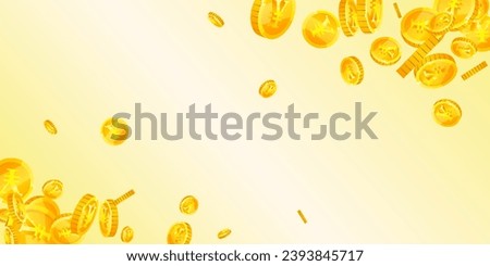 Chinese yuan coins falling. Scattered gold CNY coins. China money. Jackpot wealth or success concept. Wide vector illustration.