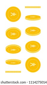 Chinese yuan coins set, animation ready. CNY yellow coins rotation. China metal money in different positions isolated. Charming cartoon vector illustration.