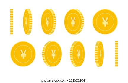 Chinese yuan coins set, animation ready. CNY yellow coins rotation. China metal money in different positions isolated. Brilliant cartoon vector illustration.