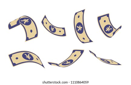 Chinese yuan falling set, animation ready. CNY paper notes flying in the air. China money in seven different positions isolated on white background. Cartoon vector illustration.