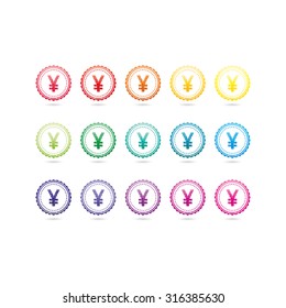 Chinese yuan japanese yen currency grunge symbols. Colorful hipster style stamp badge signs. Vector illustration graphic template isolated on white background.