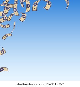 Chinese yuan notes falling. Floating CNY bills on blue sky background. China money. Divine vector illustration. Ecstatic jackpot, wealth or success concept.