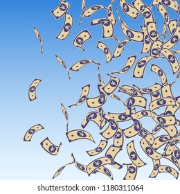 Chinese yuan notes falling. Floating CNY bills on blue sky background. China money. Dramatic vector illustration. Splendid jackpot, wealth or success concept.