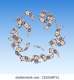Chinese yuan notes falling. Floating CNY bills on blue sky background. China money. Dramatic vector illustration. Vibrant jackpot, wealth or success concept.