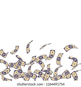 Chinese yuan notes falling. Floating CNY bills on white background. China money. Ecstatic vector illustration. Fantastic jackpot, wealth or success concept.