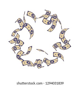 Chinese yuan notes falling. Floating CNY bills on white background. China money. Dramatic vector illustration. Wondrous jackpot, wealth or success concept.