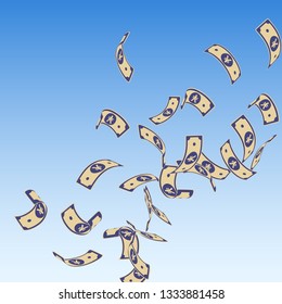 Chinese yuan notes falling. Floating CNY bills on blue sky background. China money. Dramatic vector illustration. Positive jackpot, wealth or success concept.