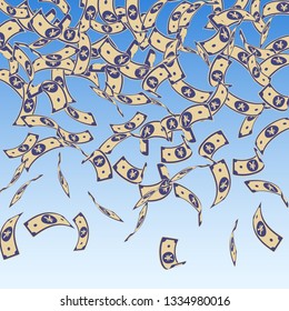 Chinese yuan notes falling. Floating CNY bills on blue sky background. China money. Elegant vector illustration. Great jackpot, wealth or success concept.