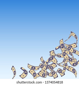 Chinese yuan notes falling. Floating CNY bills on blue sky background. China money. Dramatic vector illustration. Astonishing jackpot, wealth or success concept.