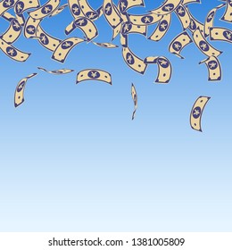 Chinese yuan notes falling. Floating CNY bills on blue sky background. China money. Ecstatic vector illustration. Posh jackpot, wealth or success concept.