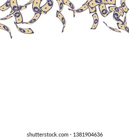 Chinese yuan notes falling. Floating CNY bills on white background. China money. Divine vector illustration. Lovely jackpot, wealth or success concept.