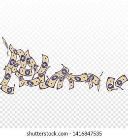Chinese yuan notes falling. Floating CNY bills on transparent background. China money. Elegant vector illustration. Fascinating jackpot, wealth or success concept.