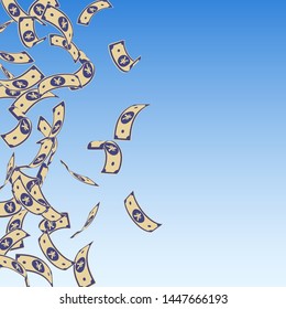 Chinese yuan notes falling. Floating CNY bills on blue sky background. China money. Ecstatic vector illustration. Ideal jackpot, wealth or success concept.