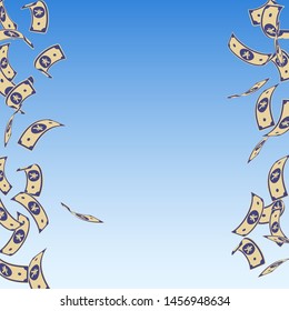 Chinese yuan notes falling. Floating CNY bills on blue sky background. China money. Dramatic vector illustration. Incredible jackpot, wealth or success concept.