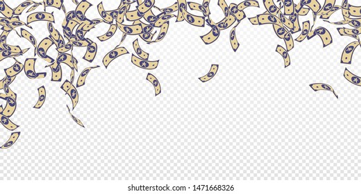 Chinese yuan notes falling. Floating CNY bills on transparent background. China money. Eminent vector illustration. Cool jackpot, wealth or success concept.