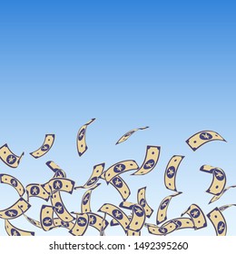 Chinese yuan notes falling. Floating CNY bills on blue sky background. China money. Ecstatic vector illustration. Fair jackpot, wealth or success concept.