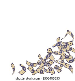 Chinese yuan notes falling. Floating CNY bills on white background. China money. Dramatic vector illustration. Authentic jackpot, wealth or success concept.